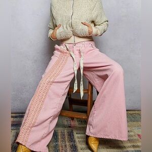 NEW Pol Double Gauze Lace Floral Trim Buckle Back Pants Drawstring Pink Stripe